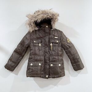 Vintage Apple Bottoms Brown Puffer Jacket with Faux Fur Zip Button, Girls 5-6Y